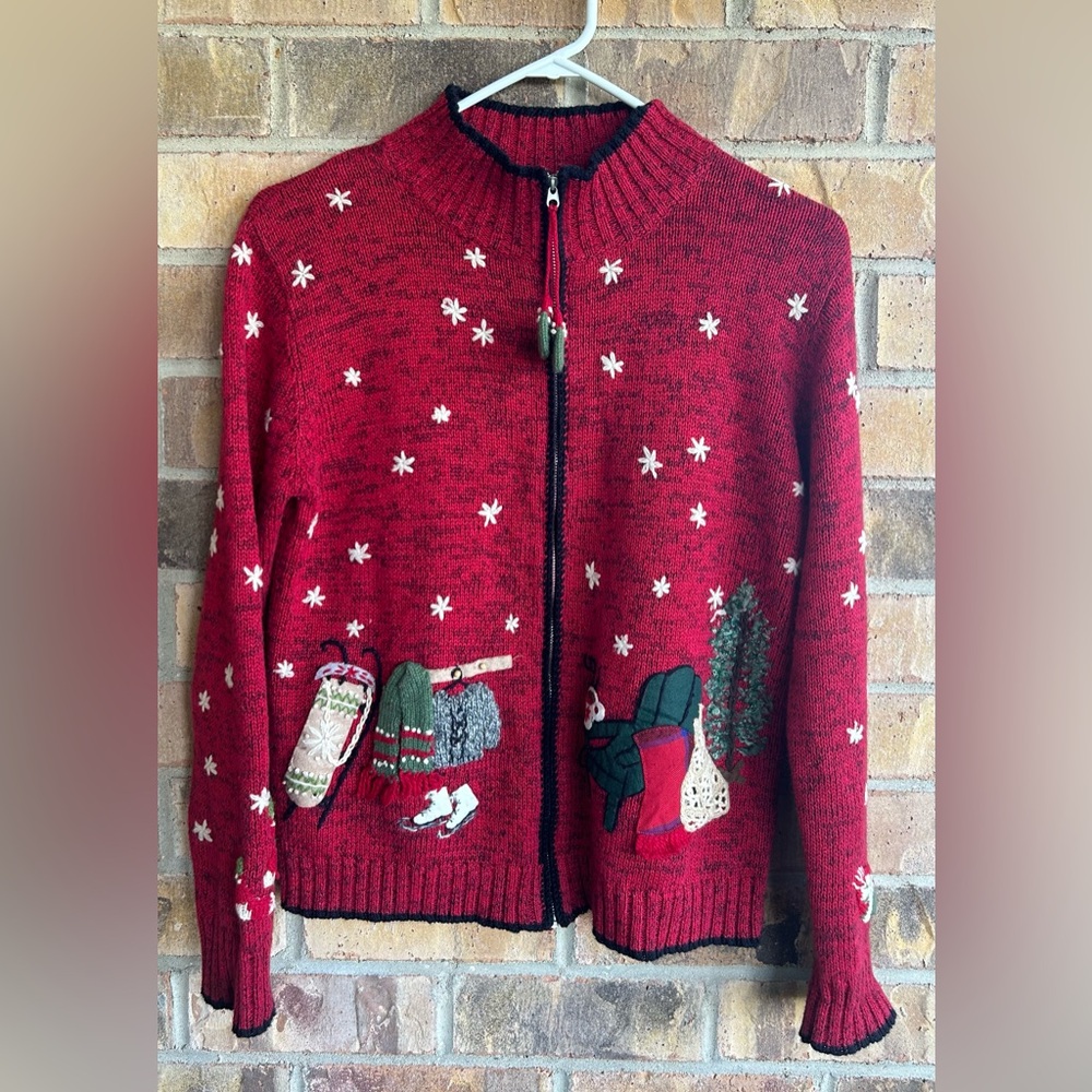 Coldwater Creek Red Knit Embroidered Full Zip Christmas Sweater Women’s Size XS
